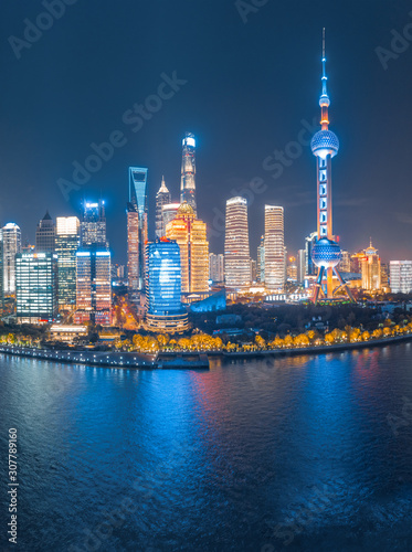 Photography Panoramic aerial photographs of the night view of Lujiazuno City, Shanghai, Chin