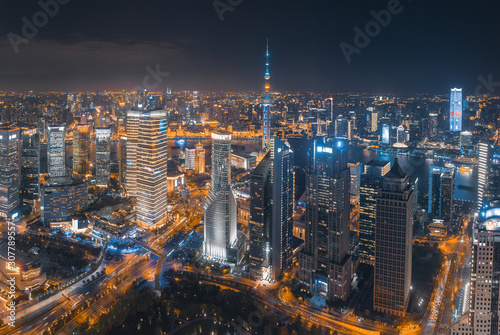 Panoramic aerial photographs of the night view of Lujiazuno City  Shanghai  China