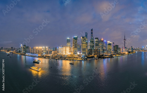 Panoramic aerial photographs of the night view of Lujiazuno City, Shanghai, China