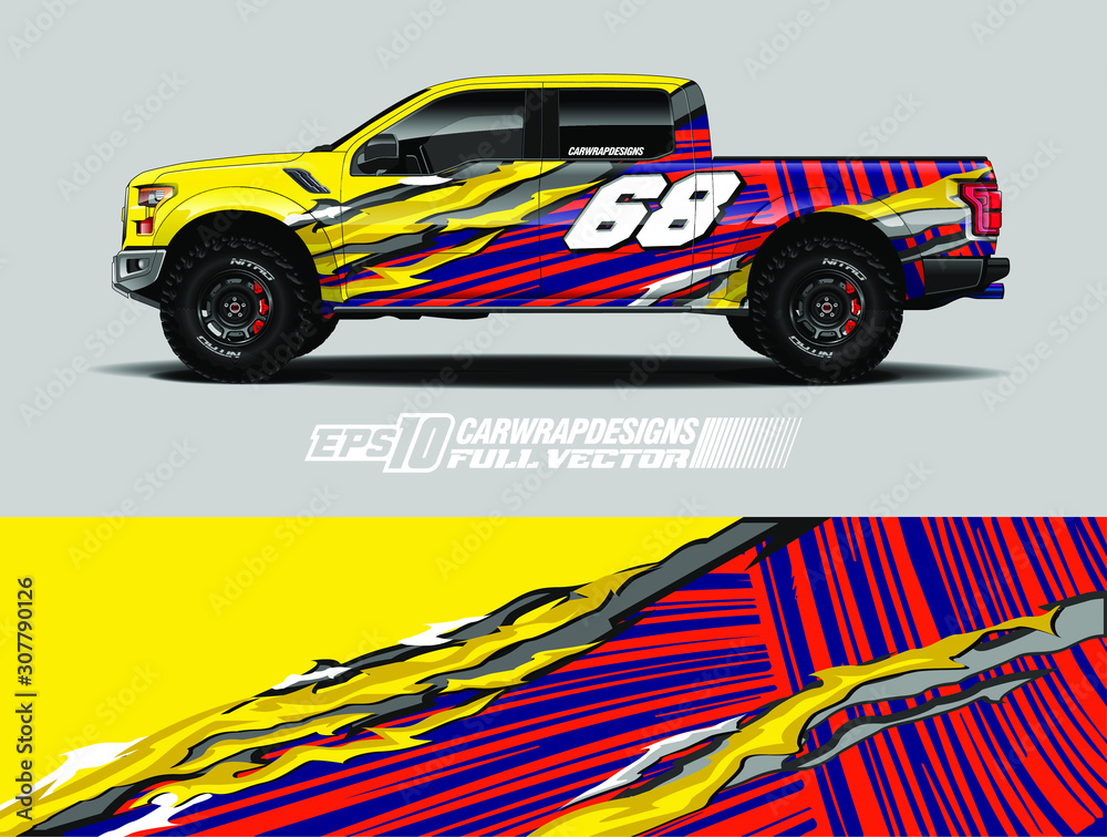 Pick up truck wrap decal designs. Abstract racing and sport background for car livery. Full vector eps 10.