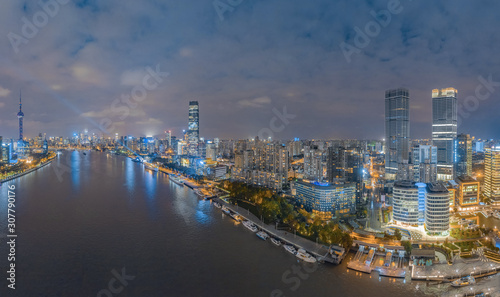 The night view of the city on the huangpu river bank in the center of Shanghai, China