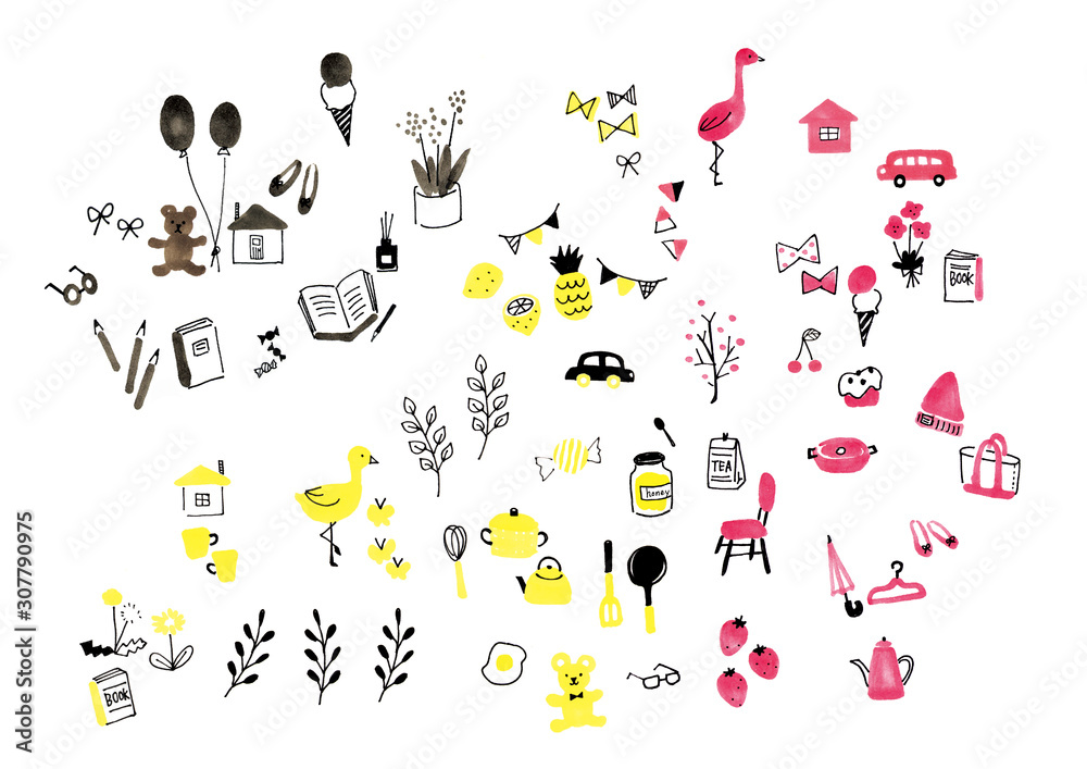 かわいい ほっこり イラスト素材 Favorite Things 手書き 手描き イラスト カラフル 雑貨 アイテム セット 飾り ライフスタイル イラストセット ほのぼの イエロー ブラウン ピンク グラフィック素材 絵本 Stock Photo Adobe Stock