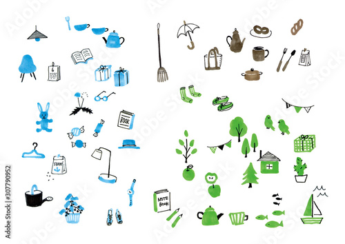 Colorful hand-drawn household items illustration set – cute and cozy style　　blue, green, and gray　カラフルでかわいい手描き雑貨イラストセット やさしいタッチの生活雑貨イラスト　 日用品や食べ物など