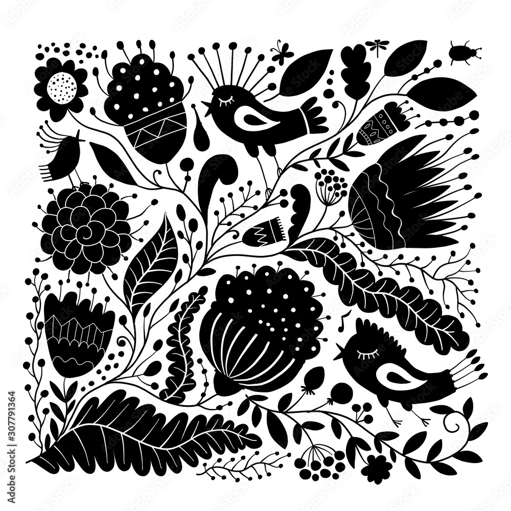 Magic forest with birds, background for your design