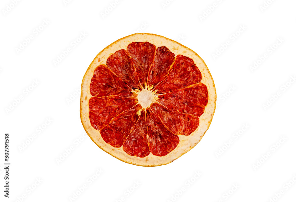 one slice of dried grapefruit close-up on white background one slice of dried grapefruit close-up on white background