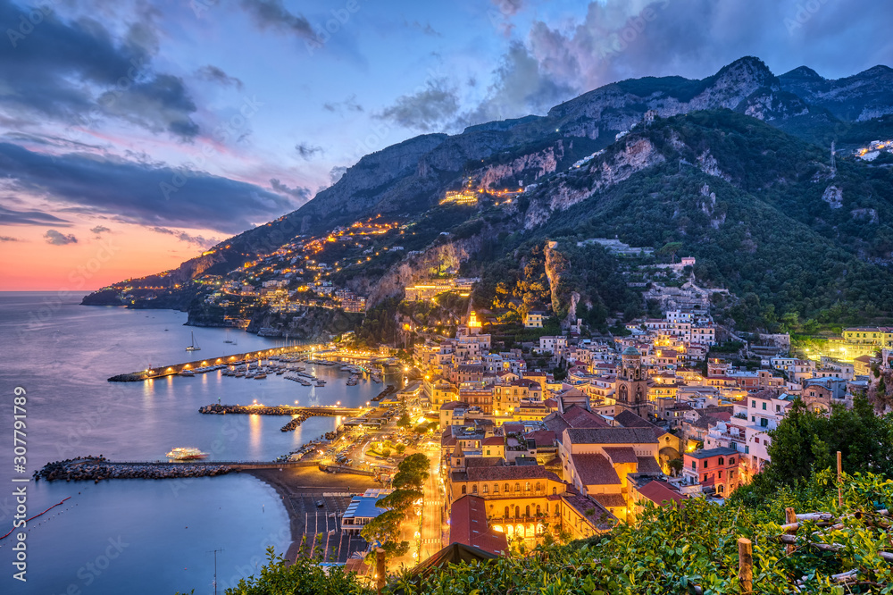 The beautiful village of Amalfi in Italy at sunset