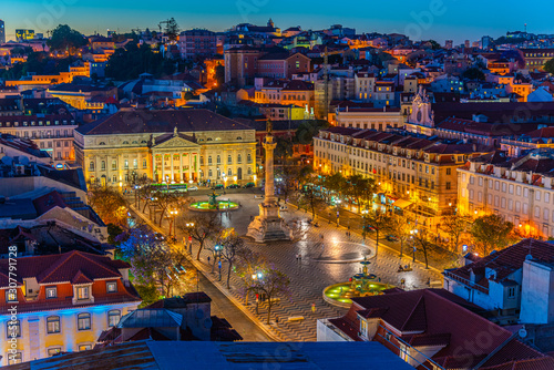 Sunset aerial view of Praca Dom Pedro IV in Lisbon, Portugal photo