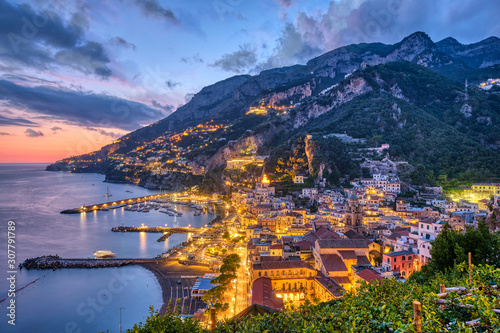 The beautiful village of Amalfi in Italy at sunset