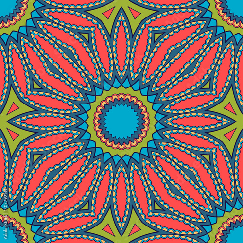 Decorative colorful ethnic seamless pattern for fabric or wrapping in oriental style. Hand drawn illustration