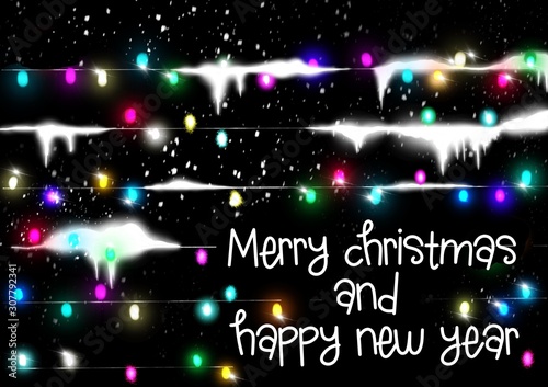 Fototapeta Naklejka Na Ścianę i Meble -  Merry Christmas and Happy New Year card made of snow and bright colored neon glowing lights. Printable card.