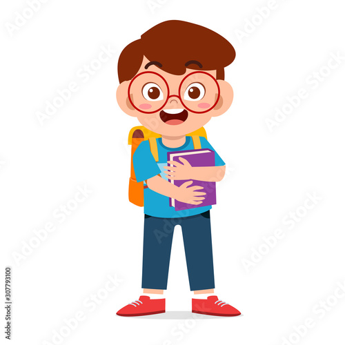 happy cute kid boy ready to go to school