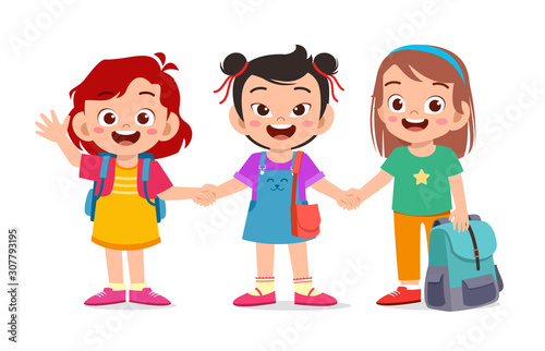 happy cute kids girls ready to go to school