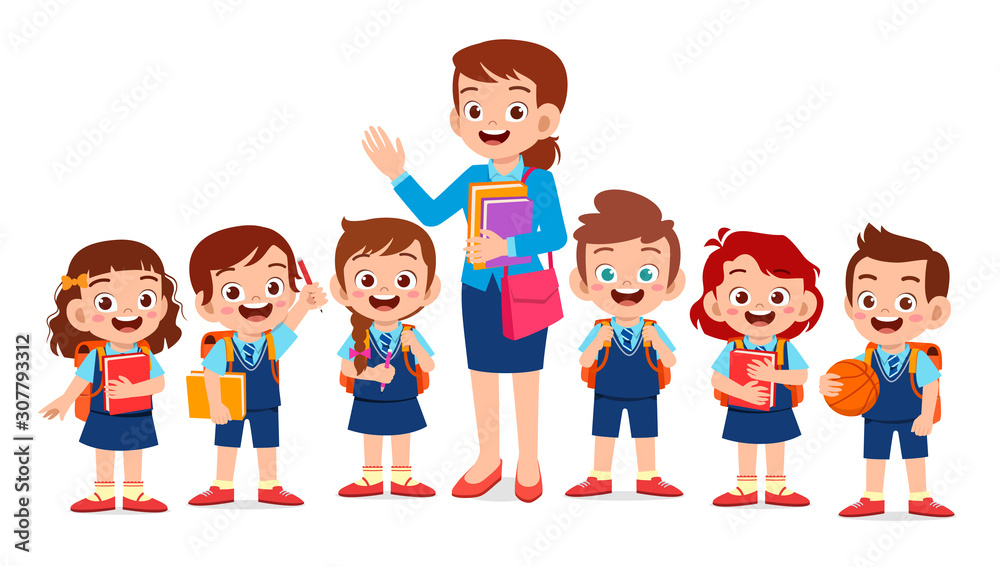 happy cute kids smile with teacher together happy cute kids smile with teacher together