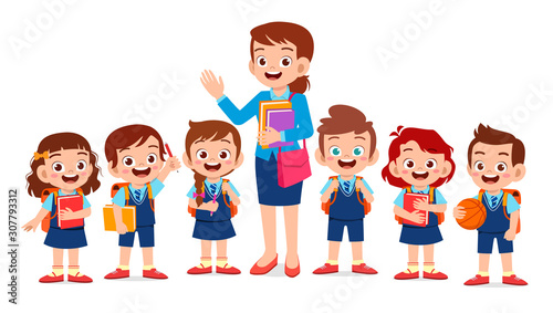happy cute kids smile with teacher together