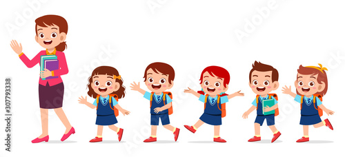 happy cute kids smile with teacher together