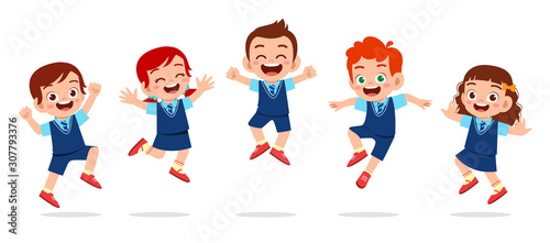 happy cute kids boy and girl jump