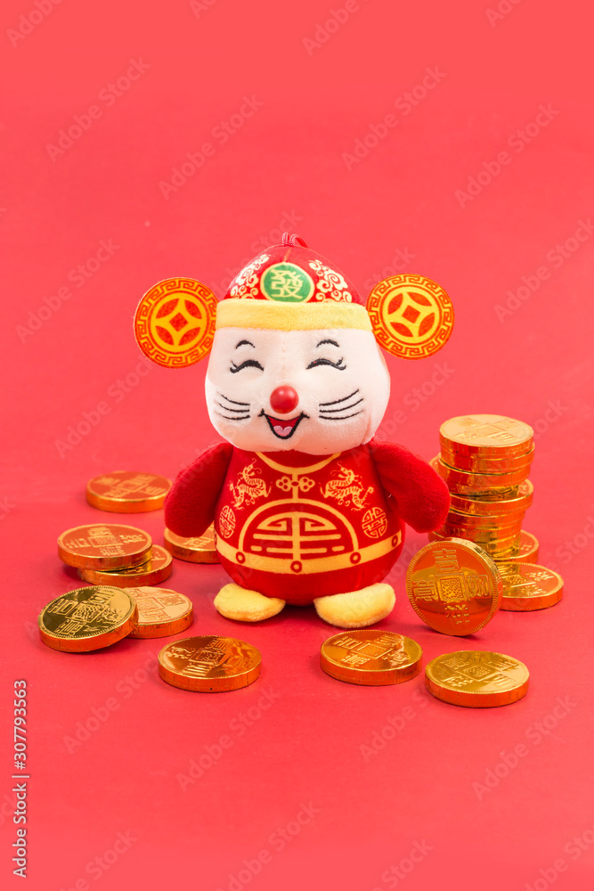 Gold COINS, gold ingot and mascot for the year of the rat