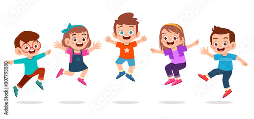 happy cute kids boy and girl jump