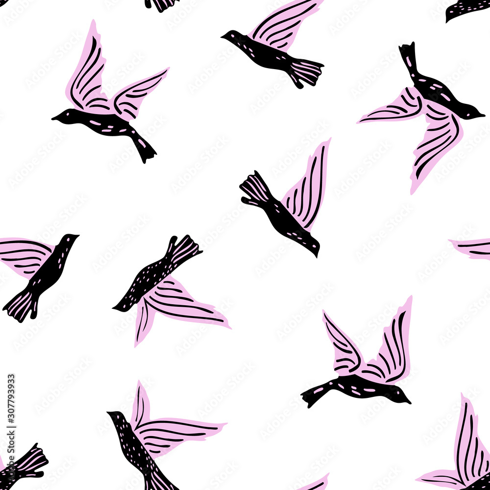 Fototapeta premium Flying doodle birds seamless pattern. Cute hand drawn birds background in childish, kids style.