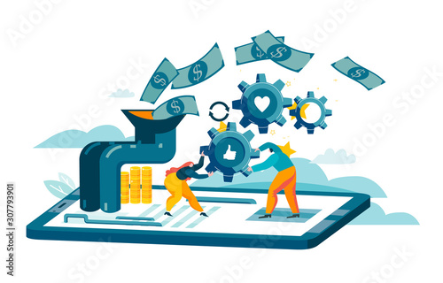 Promotion of advertising profile in social media. People spin gears while standing on screen and making money. Blue and orange conceptual vector illustration EPS 10 isolated on white