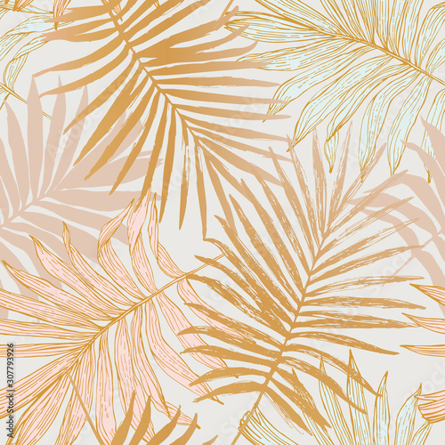 Luxurious botanical tropical leaf background in pastel pink and gold colors.