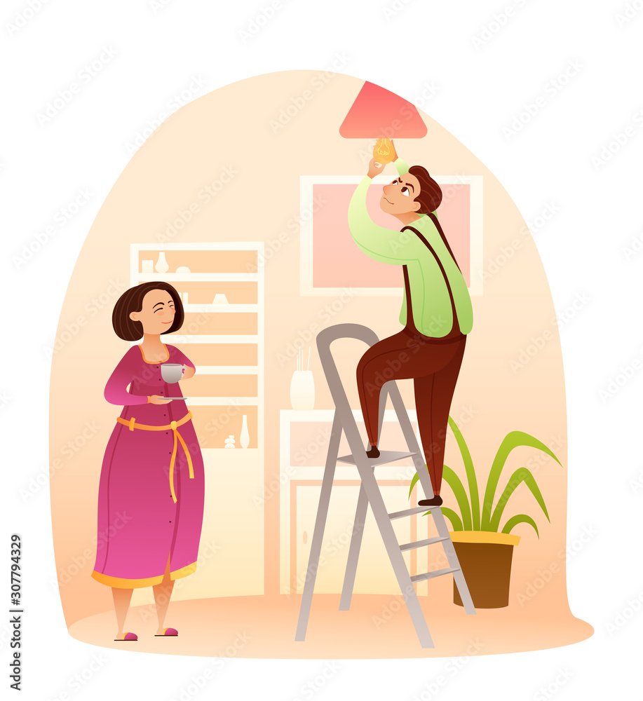Husband or technical worker replacing light bulb Husband or technical worker replacing light bulb