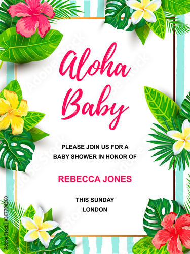 Summer background with jungle leaves and flowers. Tropical party invitation. Place for text. Great for flyer, baby shower invitation, wedding, poster.