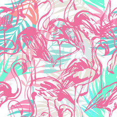 Fototapete Flamingomuster Flamingos Palmblätter Dreiecke Grunge Muster  © Tanya Syrytsyna