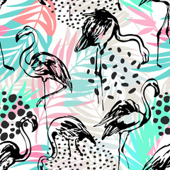 Fototapete Flamingomuster Flamingos Palmen mit Grunge Textur  © Tanya Syrytsyna