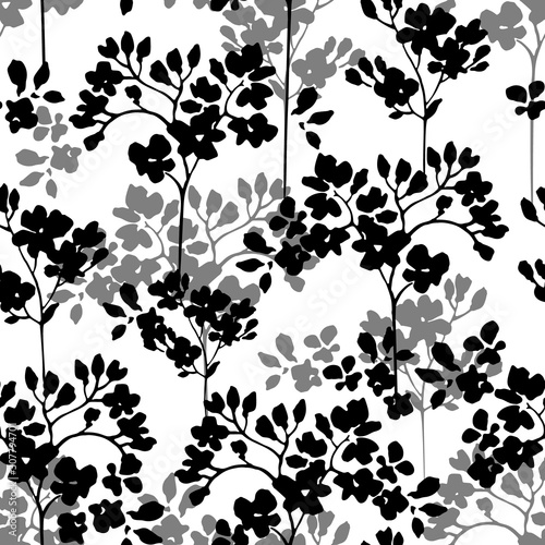 Silhouettes of vertical branches with flowers, leaves on white background.