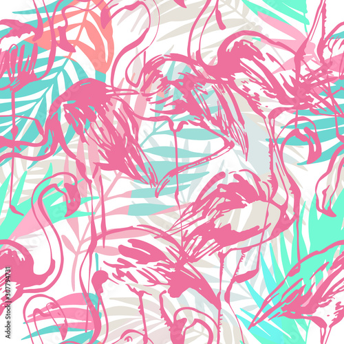 Tropical seamless pattern with flamingos, palm leaves, triangles, grunge textures.