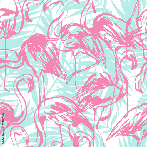 Tropical seamless pattern with pink flamingos, turquoise palm leaves, grunge textures.