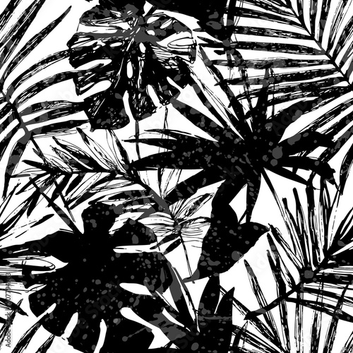 Hand drawn abstract tropical summer background: palm, monstera leaves in silhouette, line art, grunge, scribble textures