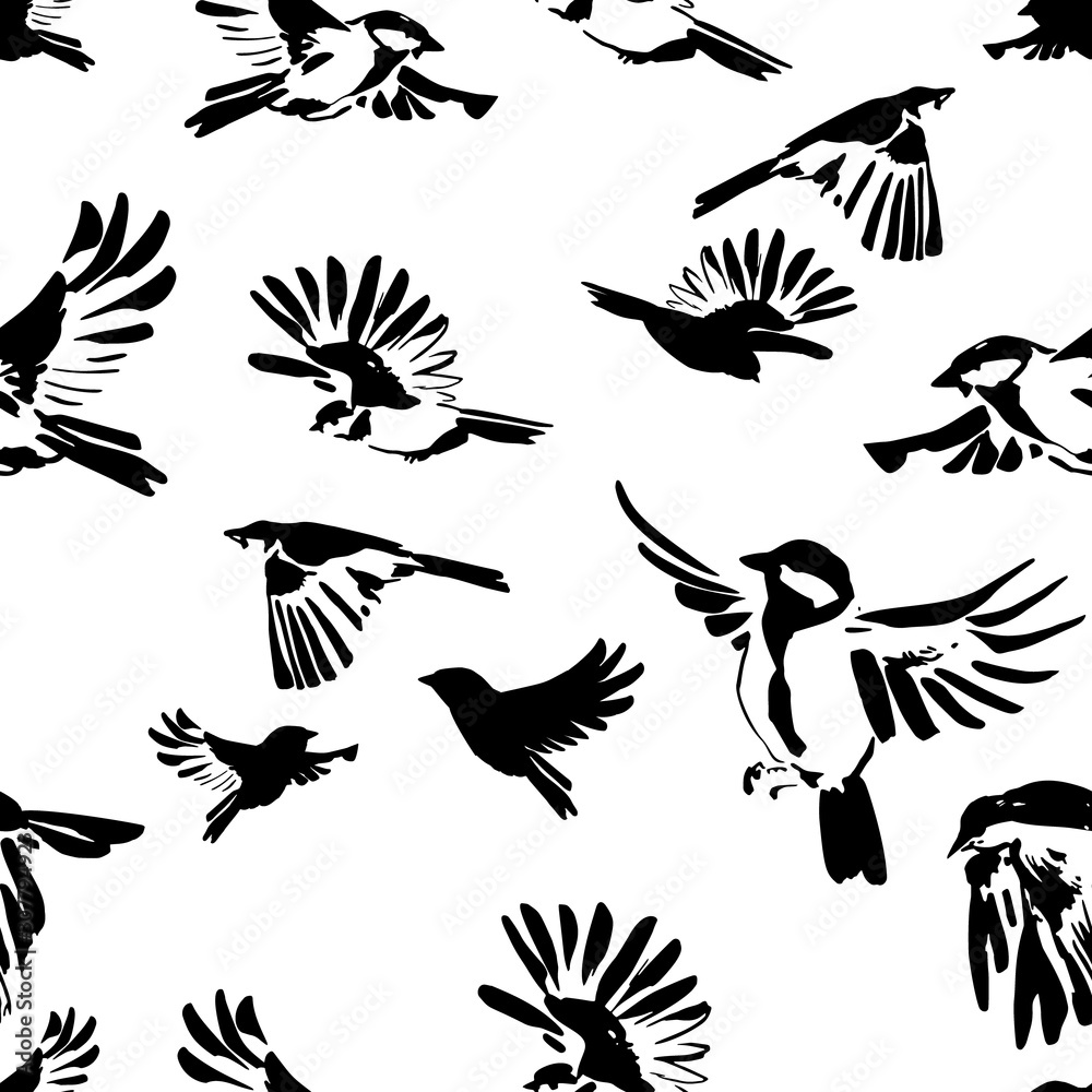 Obraz premium Hand drawn silhouettes of flying birds seamless pattern. Animal illustration in black and white colors.