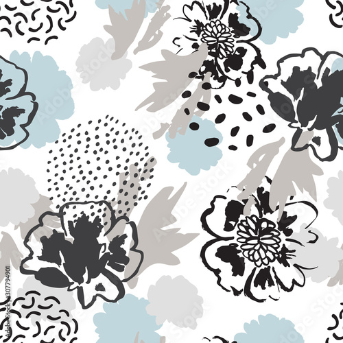 Minimal floral background. Abstract poppy flowers, leaves silhouettes, doodles seamless pattern.
