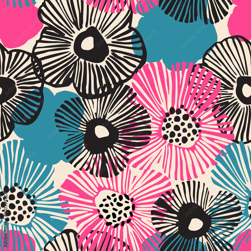 Hand drawn flowers background in retro blue black pink colors. Big blooming flowers