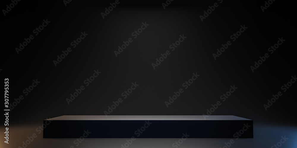 Pedestal of Platform display with black stand podium on dark room background. Blank Exhibition or empty product shelf. 3D rendering. - obrazy, fototapety, plakaty 