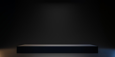 Pedestal of Platform display with black stand podium on dark room background. Blank Exhibition or empty product shelf. 3D rendering.