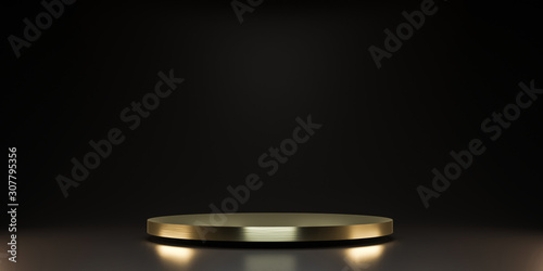 Golden pedestal of platform display with luxury stand podium on dark room background. Blank Exhibition or empty product shelf. 3D rendering. photo