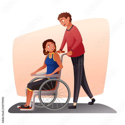 Man strolling disabled woman in wheelchair cartoon
