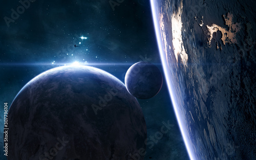Fototapeta Naklejka Na Ścianę i Meble -  Planets of deep space in blue rays of a star cluster. Science fiction. Elements of this image furnished by NASA