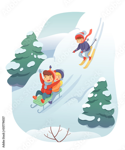Skiing and sledding flat vector illustration