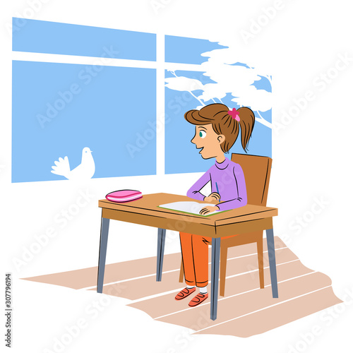 Schoolgirl at desk flat vector illustration