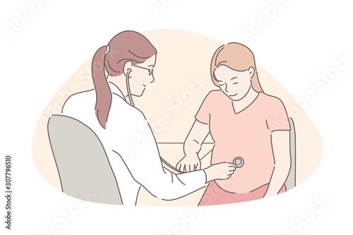 Childbearing, gestation, pregnancy concept. Happy expectant woman visiting doctor, friendly physician listening unborn child heartbeat with stethoscope, future mom health checkup. Simple flat vector