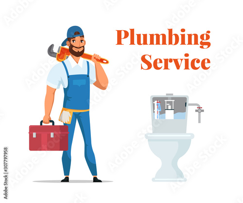 Plumbing service advertising banner in flat design. Cartoon repairman in uniform standing with wrench in hand and tools box near toilet. White copy space. Cartoon vector illustration with lettering.