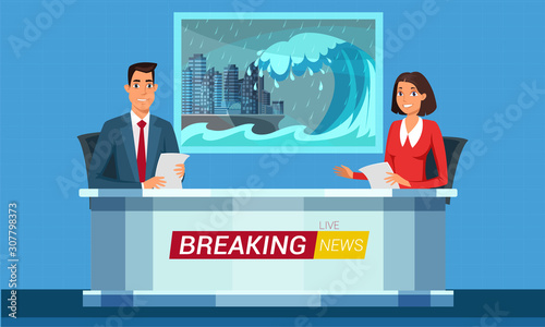 Live breaking news flat illustration. TV studio interior vector illustration. Television news program presenters cartoon characters. Disaster, catastrophe tidings. Broadcast announcing.