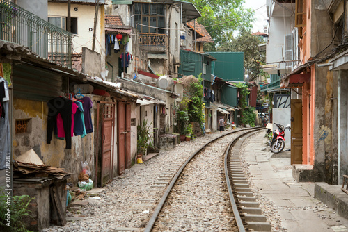 Street with train tracks  Hanoi  Vietnam                                                    