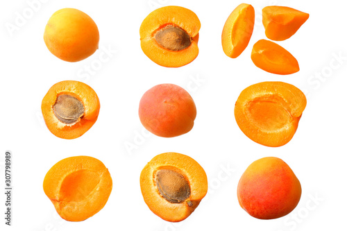 apricot fruits with slices isolated on white background. top view