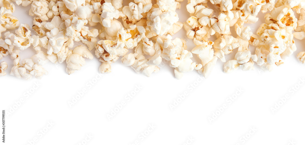 Tasty fresh pop corn isolated on white, top view Tasty fresh pop corn isolated on white, top view