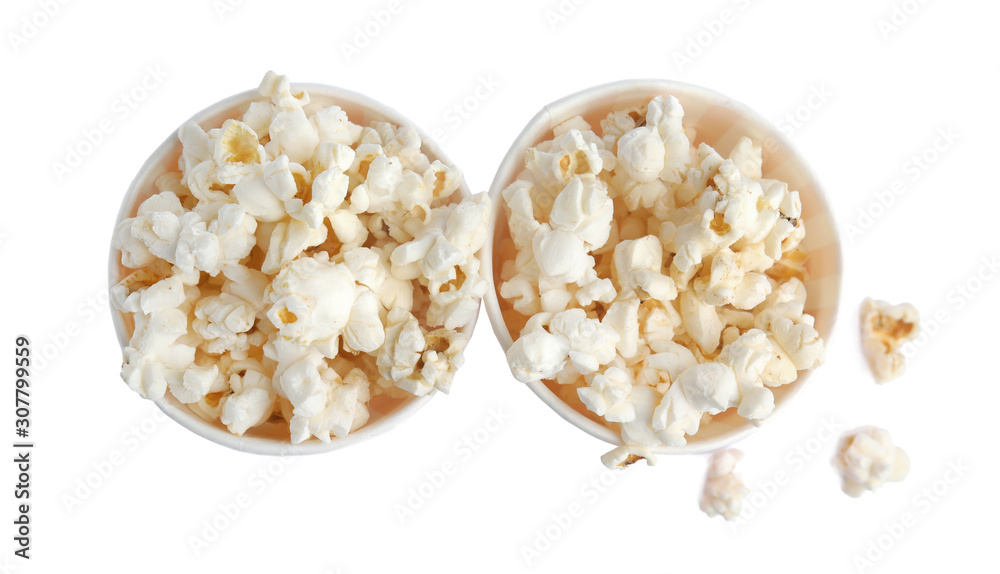 Buckets of tasty pop corn isolated on white, top view Buckets of tasty pop corn isolated on white, top view